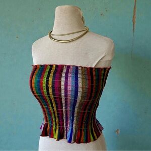 SOLD Vtg 70s Ray Strauss Raw Silk Rainbow Stripe Tube Top S/M Infinity Scarf New